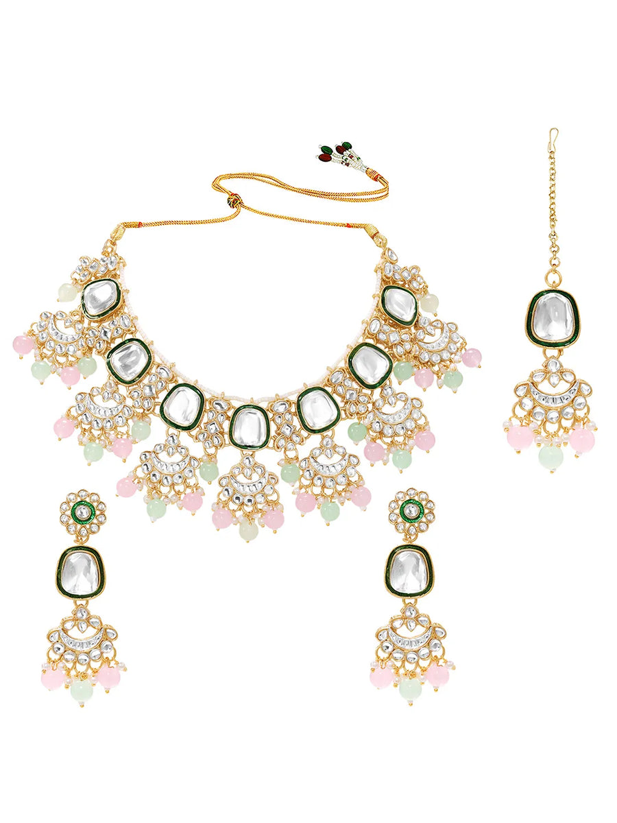 Gold Plated Mint Pink Kundan Necklace Set