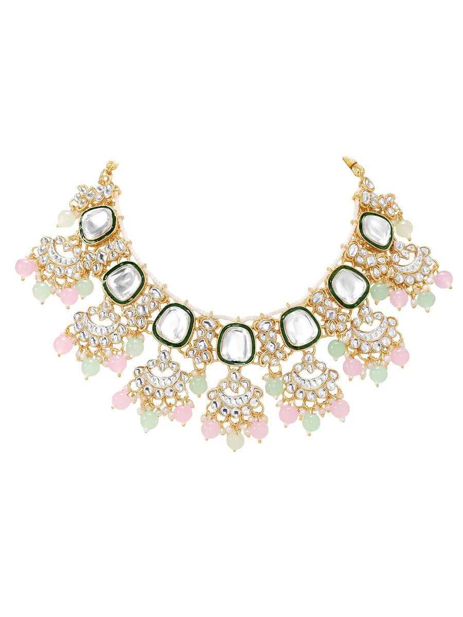 Gold Plated Mint Pink Kundan Necklace Set
