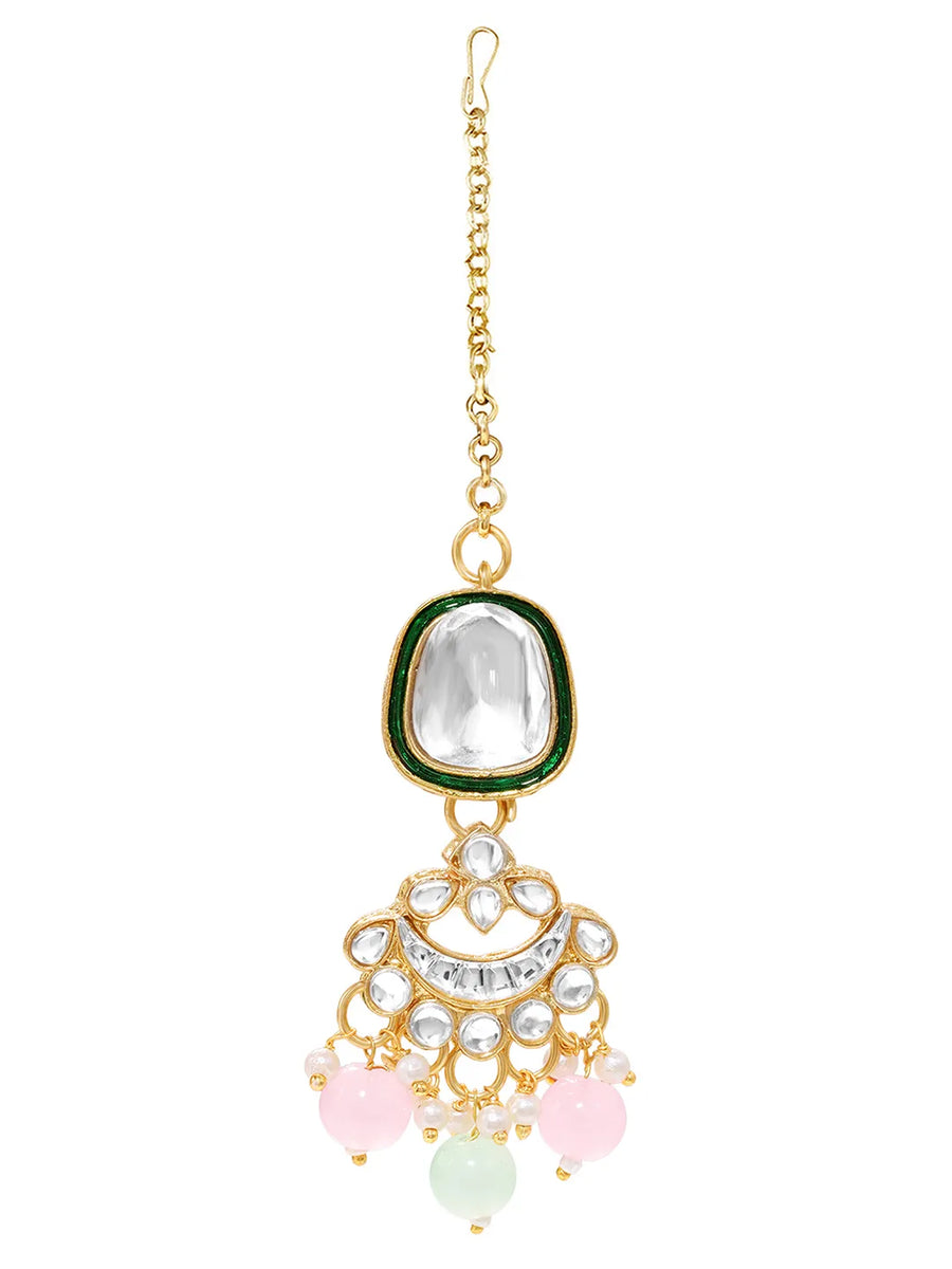 Gold Plated Mint Pink Kundan Necklace Set