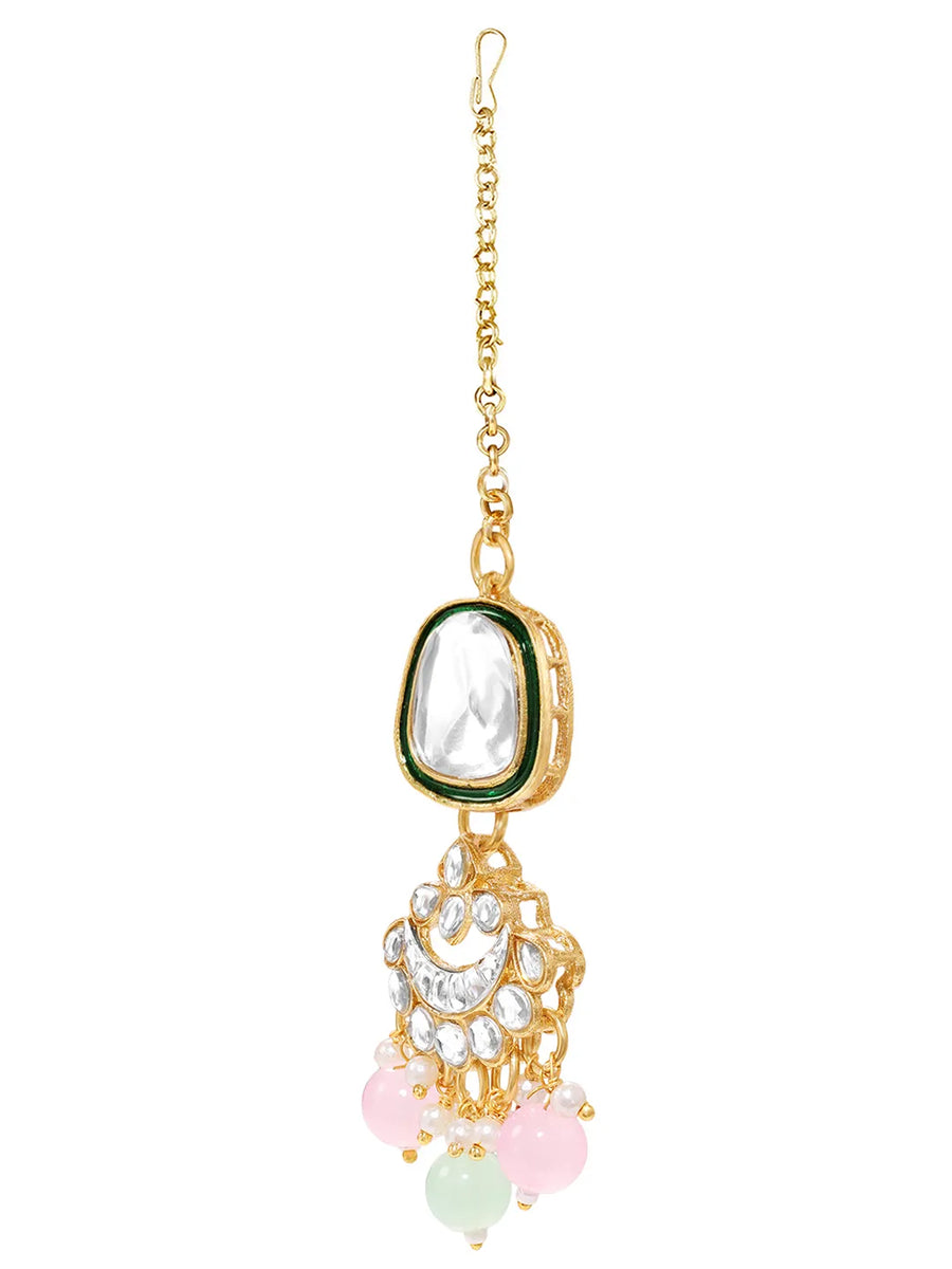 Gold Plated Mint Pink Kundan Necklace Set