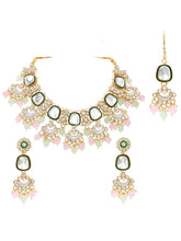Gold Plated Mint Pink Kundan Necklace Set