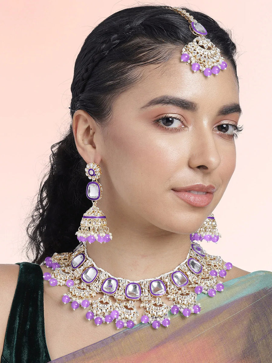 Royal Kundan Pearl Bridal Necklace - Purple
