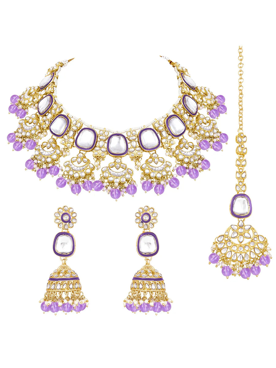 Royal Kundan Pearl Bridal Necklace - Purple
