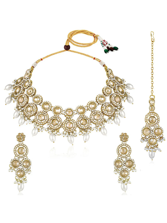 Glowing Round Crystal Pearl Necklace Set - Gold