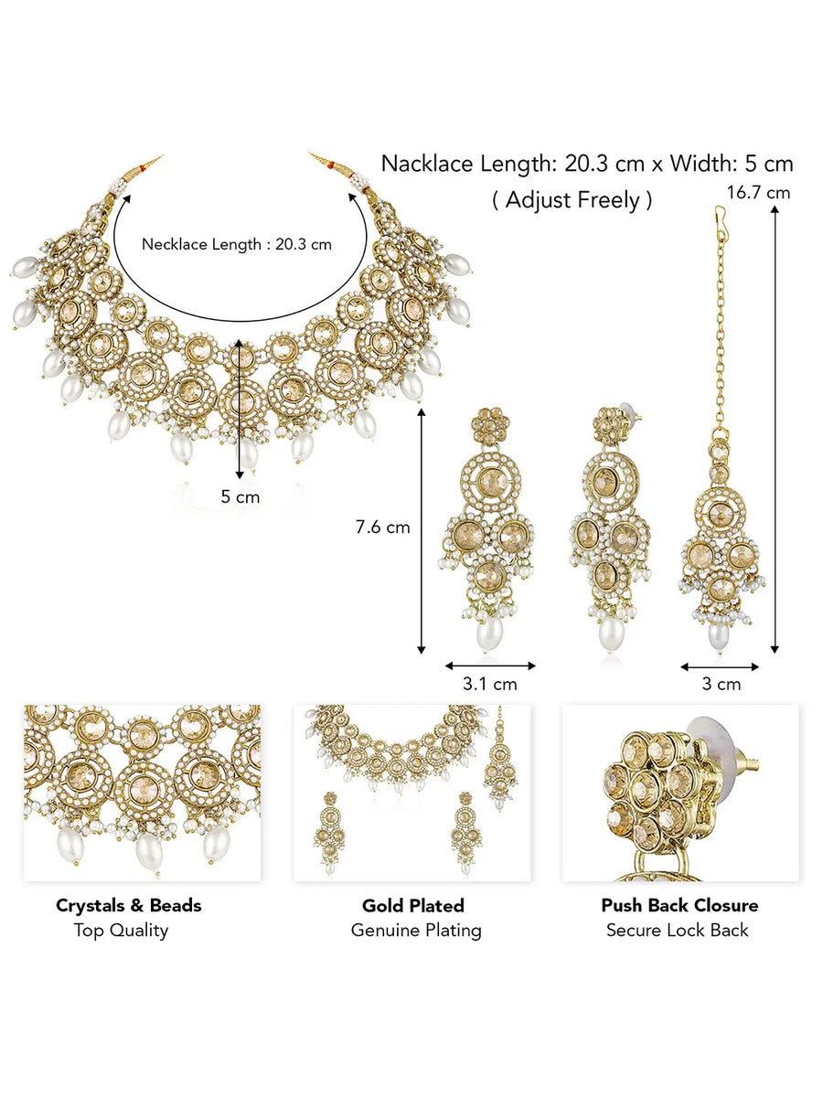 Glowing Round Crystal Pearl Necklace Set - Gold