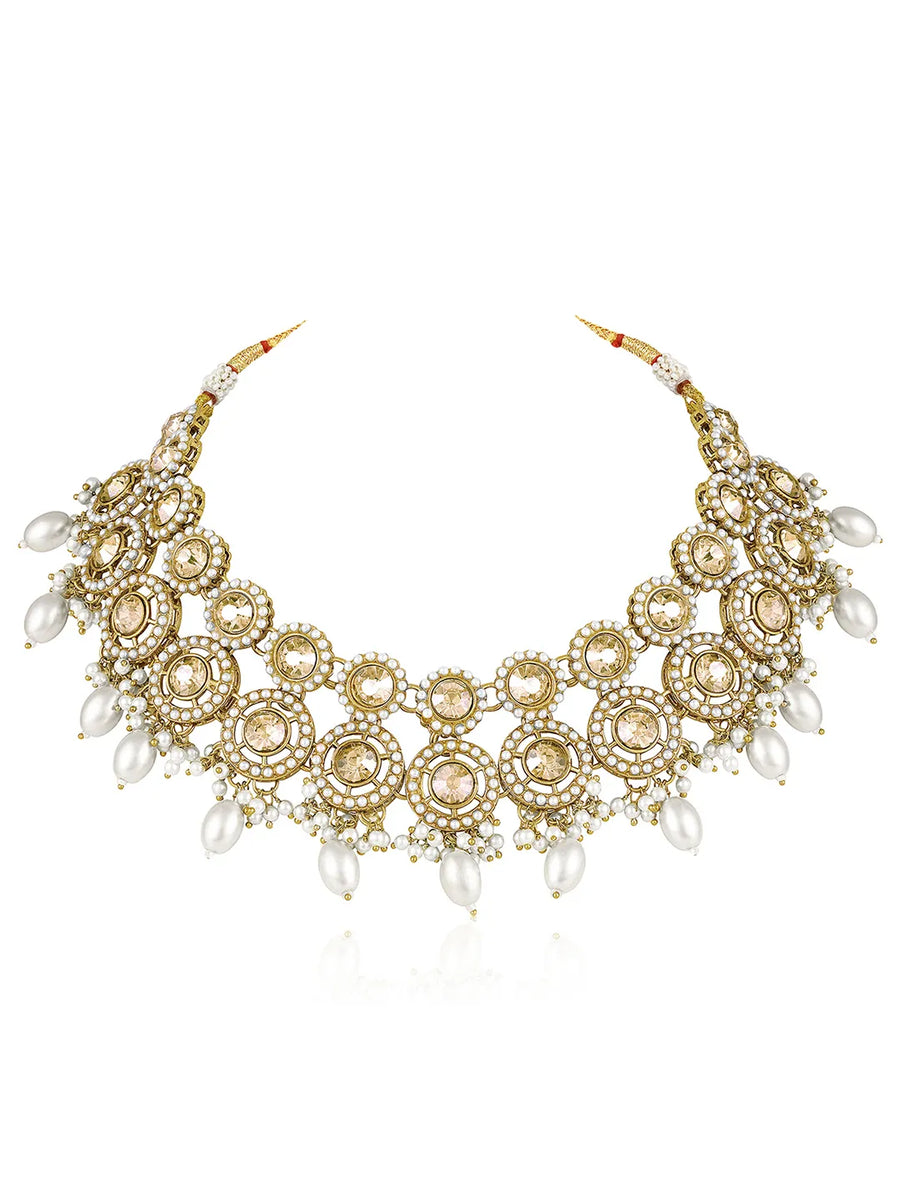 Glowing Round Crystal Pearl Necklace Set - Gold