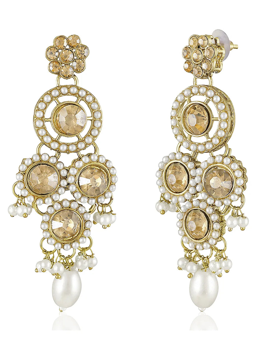 Glowing Round Crystal Pearl Necklace Set - Gold