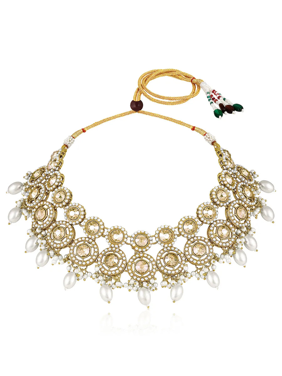 Glowing Round Crystal Pearl Necklace Set - Gold