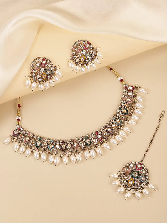 Ornate Pearl Embellished Crystal Set - Gold
