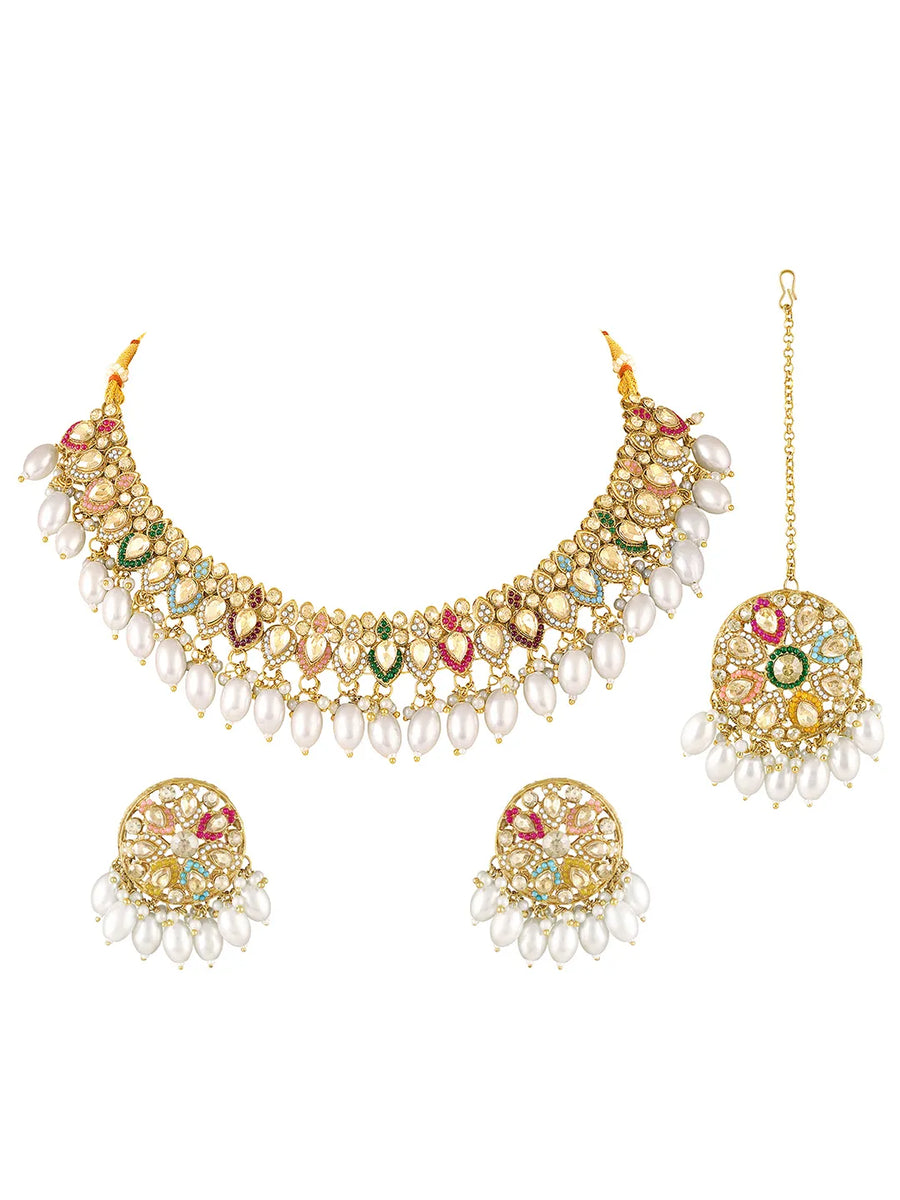 Ornate Pearl Embellished Crystal Set - Gold