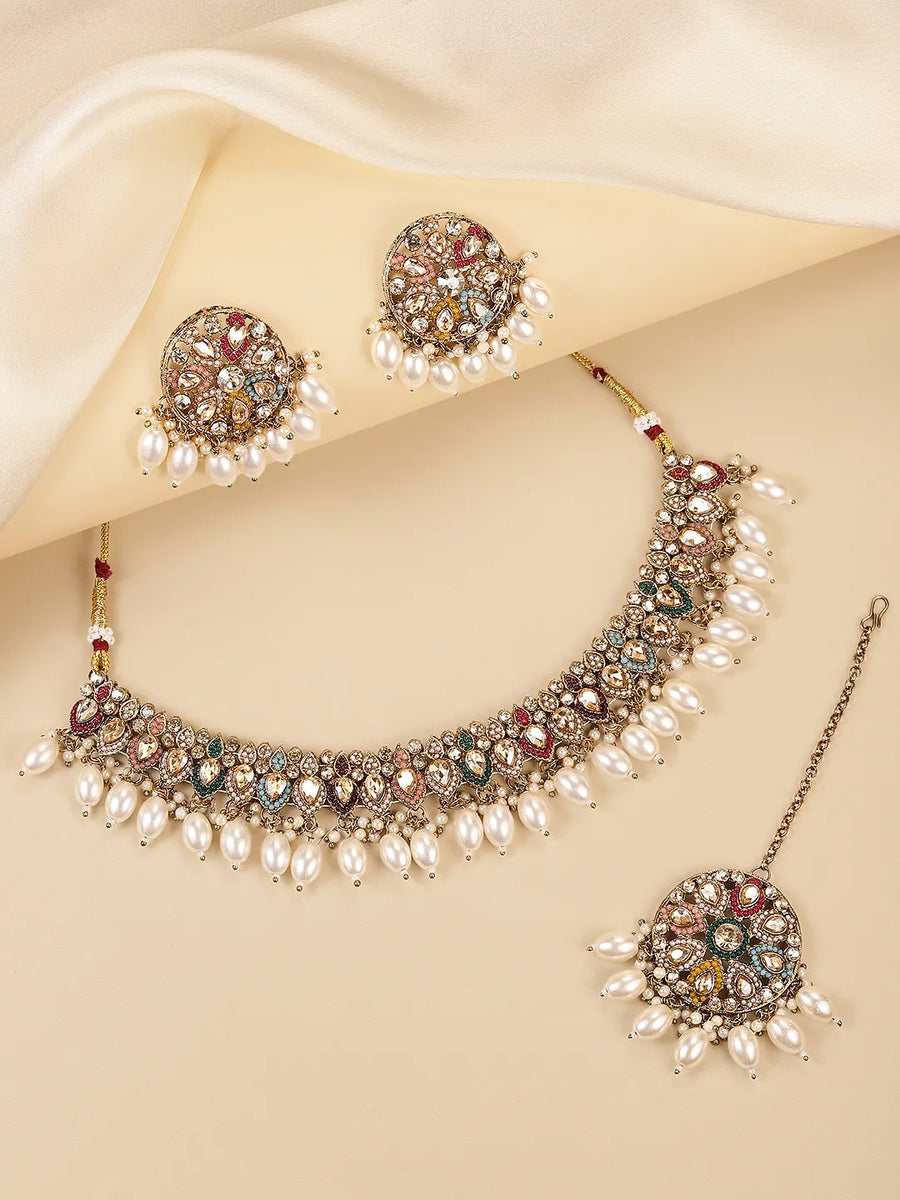 Ornate Pearl Embellished Crystal Set - Gold