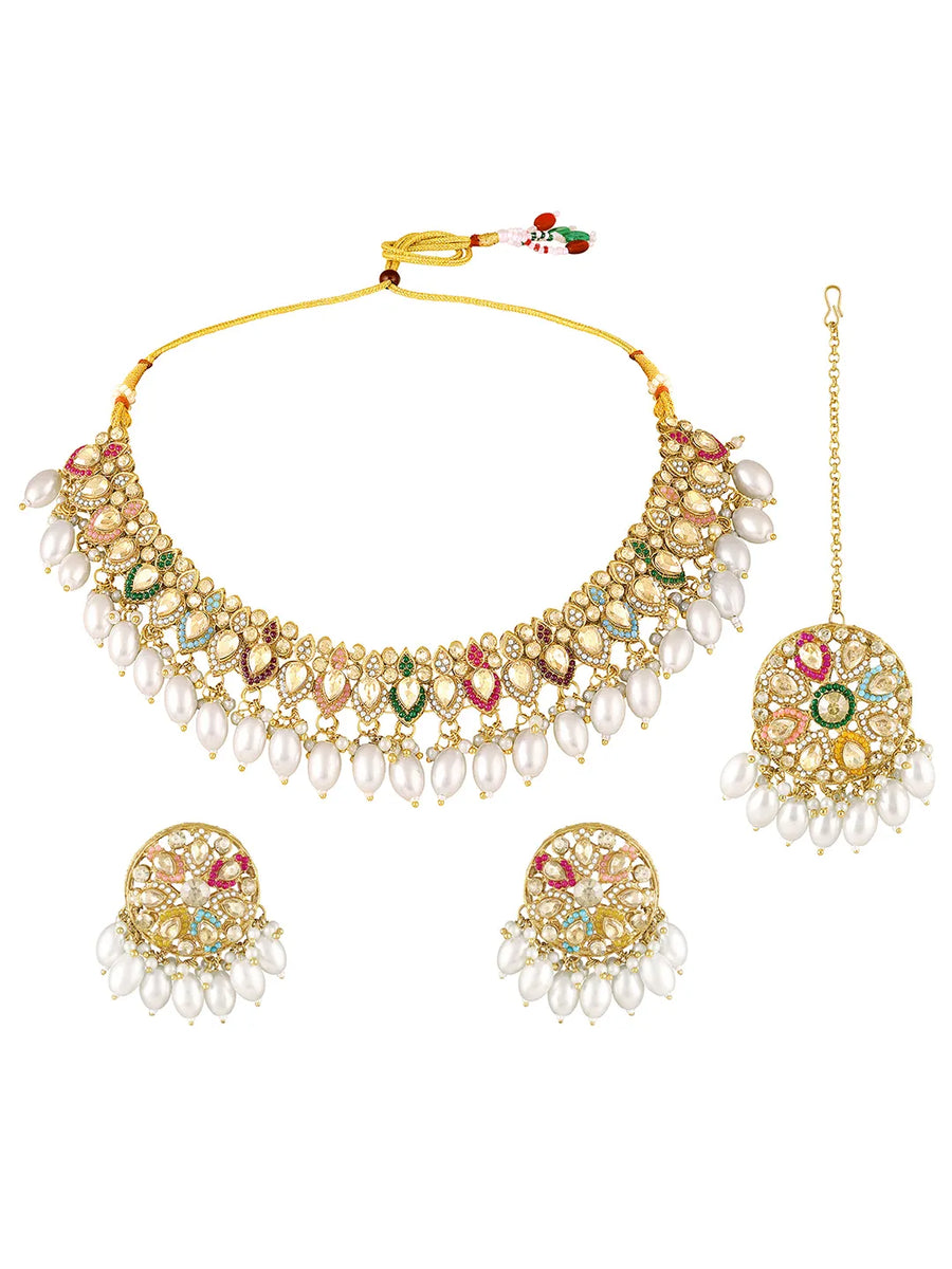 Ornate Pearl Embellished Crystal Set - Gold