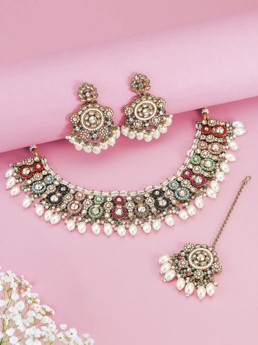 Royal Sparkle Pearl Crystal Necklace Set - Gold