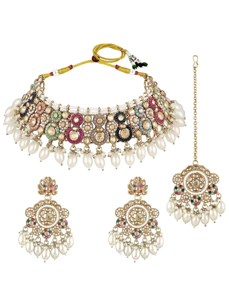 Royal Sparkle Pearl Crystal Necklace Set - Gold