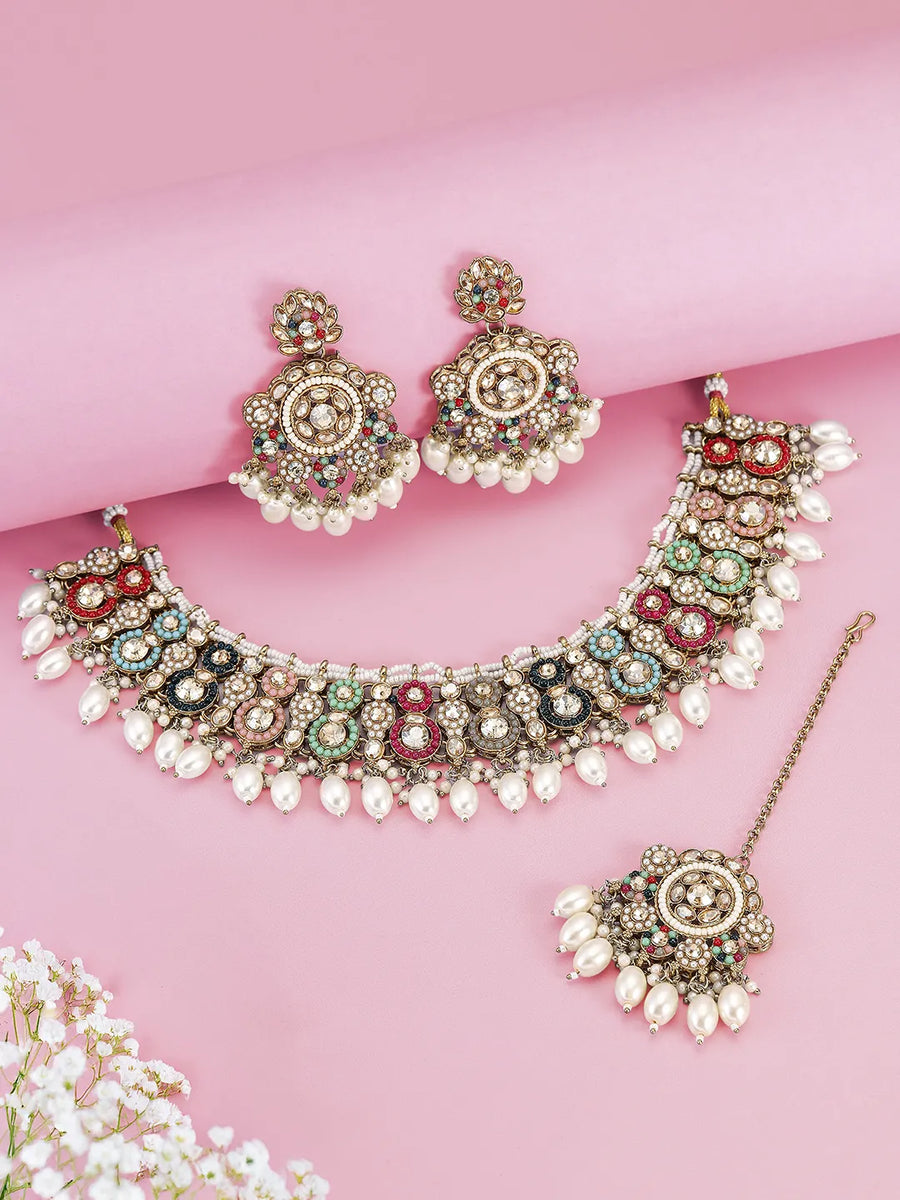 Royal Sparkle Pearl Crystal Necklace Set - Gold