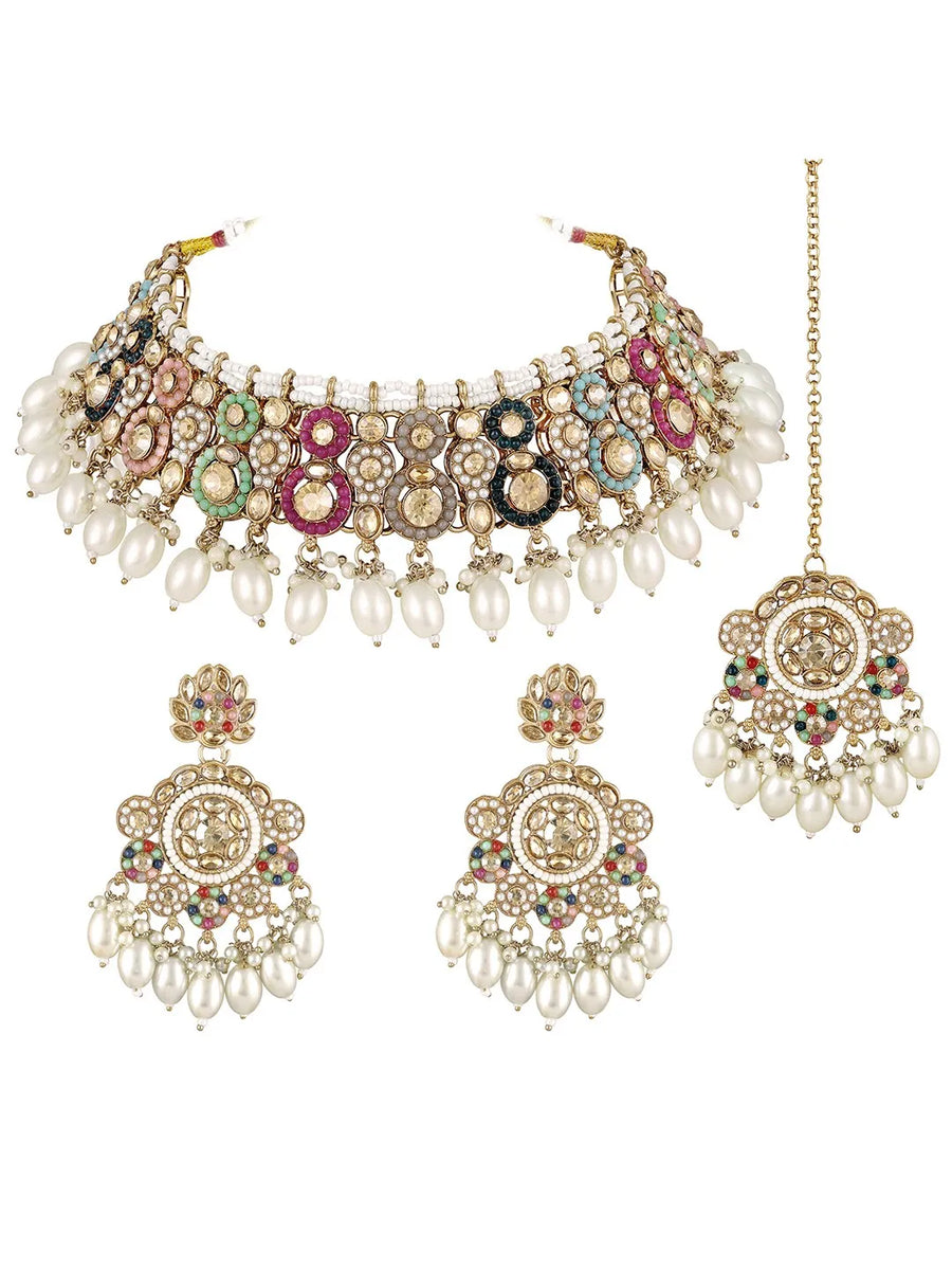 Royal Sparkle Pearl Crystal Necklace Set - Gold