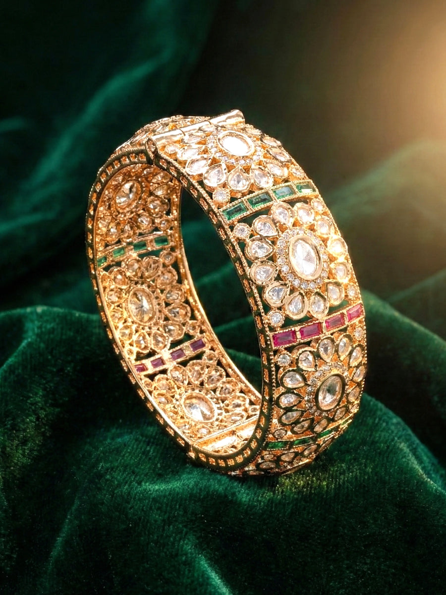 Peora Heritage Kundan Pink & Green Bangles Set