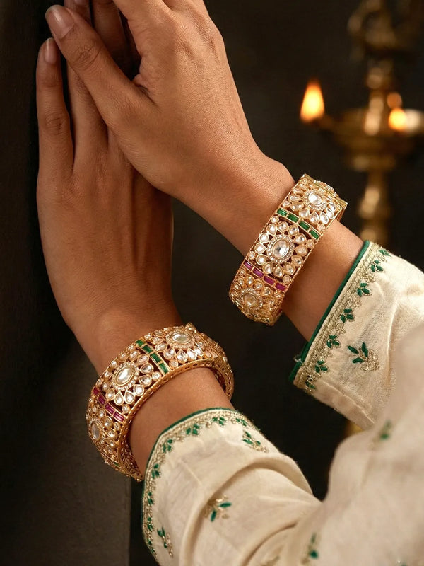 Peora Heritage Kundan Pink & Green Bangles Set