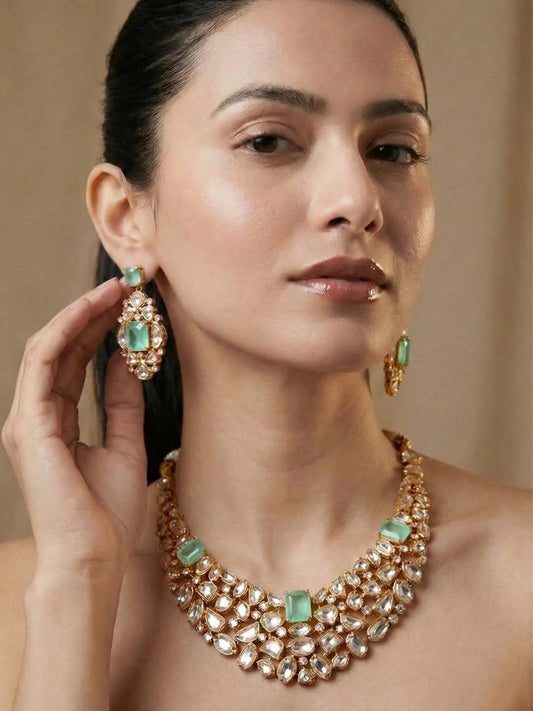 Peora Bridal Handcrafted Kundan Mint Necklace Set