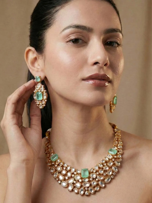 Peora Bridal Handcrafted Kundan Mint Necklace Set