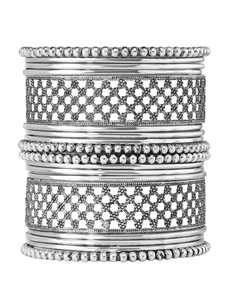 Rhodium Plated Oxidised Lattice Bangle Set