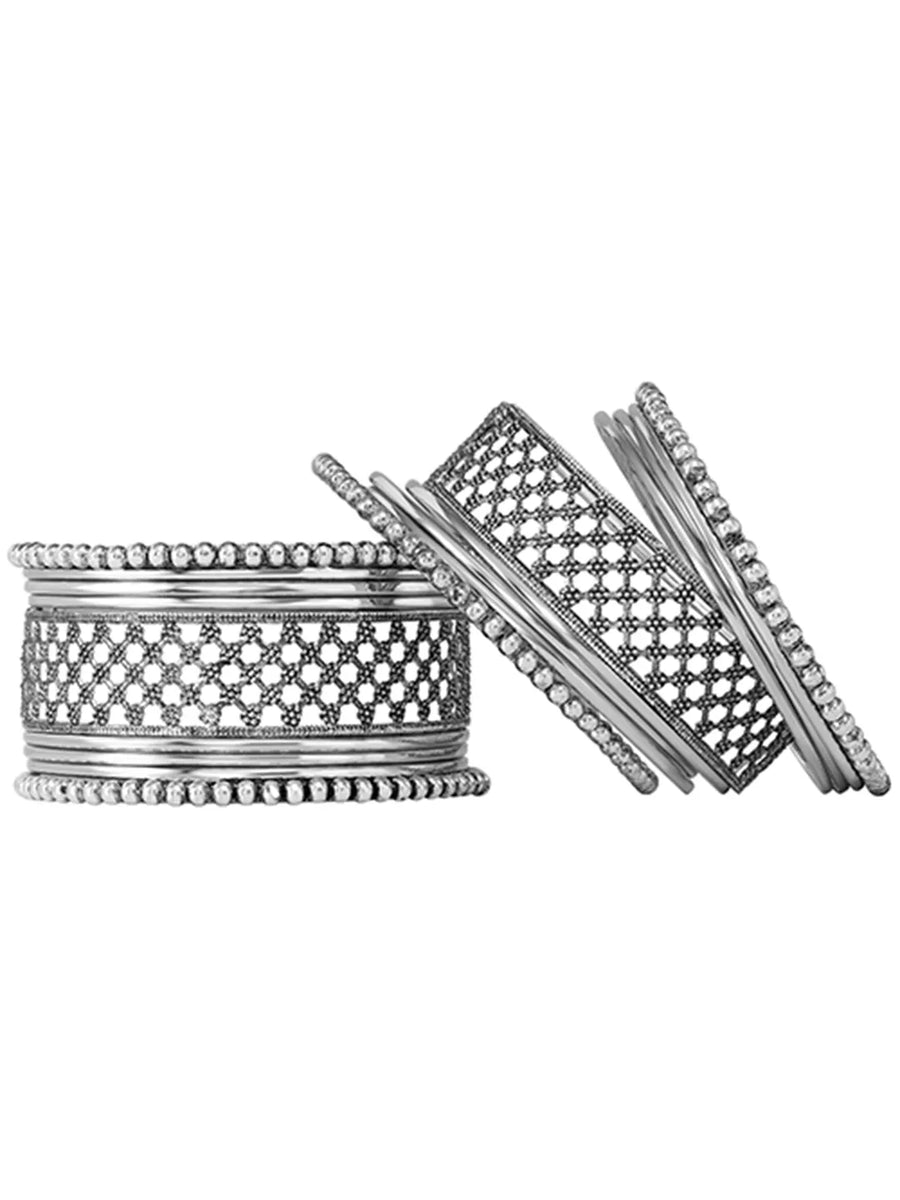 Rhodium Plated Oxidised Lattice Bangle Set