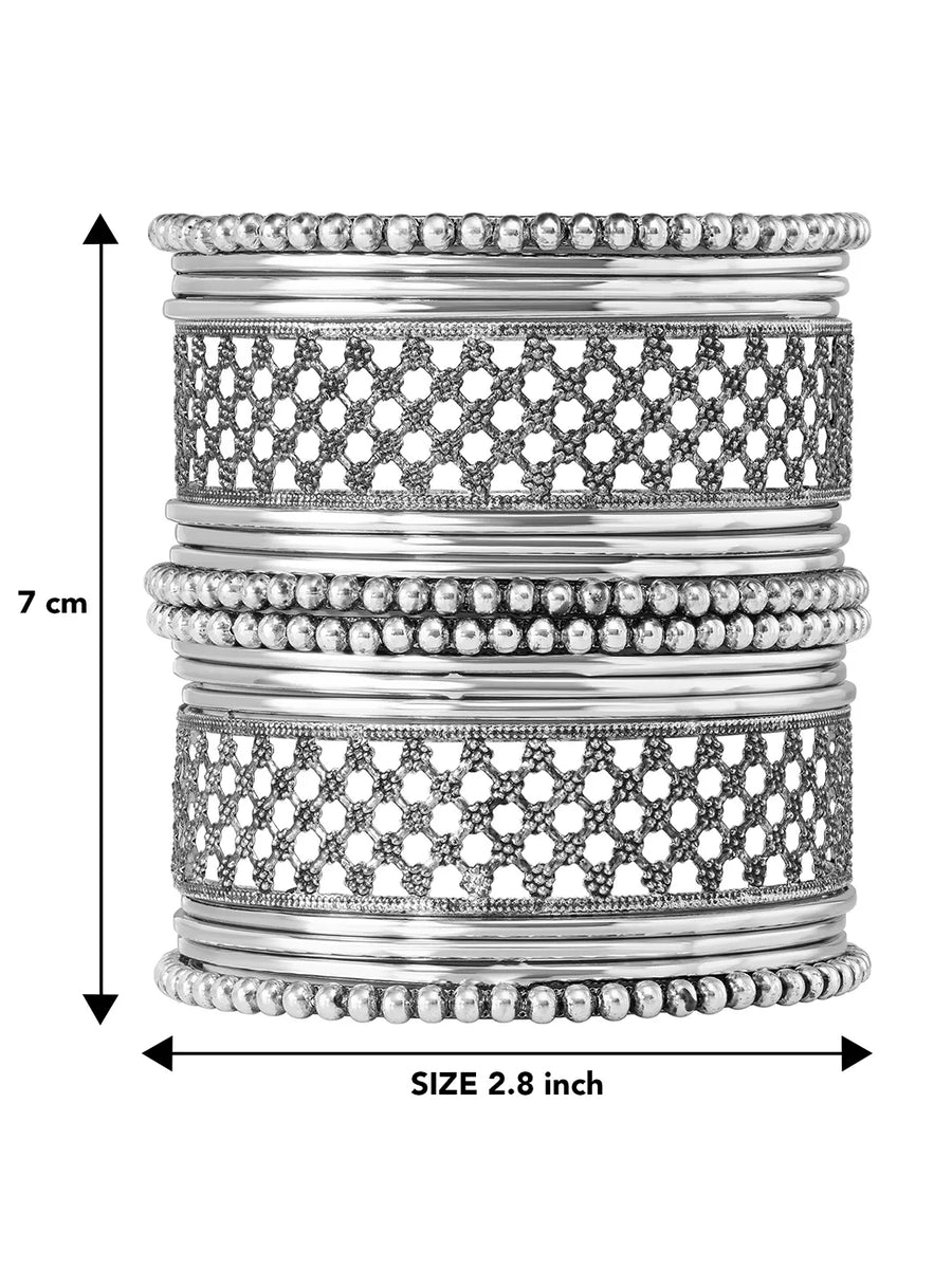Rhodium Plated Oxidised Lattice Bangle Set