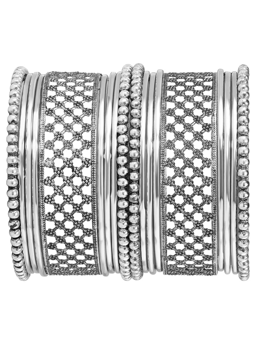 Rhodium Plated Oxidised Lattice Bangle Set