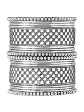 Rhodium Plated Oxidised Lattice Bangle Set