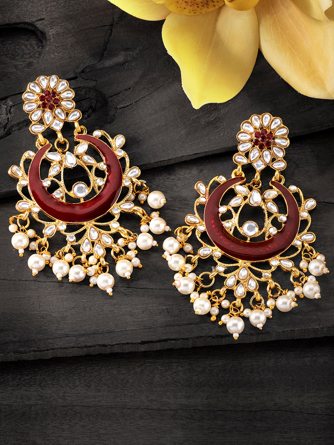 Regal Charm Maroon Kundan Pearl Chandbali