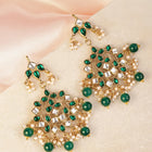 Elegant Teardrop Beaded Kundan Earrings. Green & white colour kundan with pearl & beads. Best for your festive & ethnic wear.