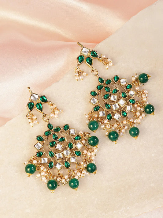 Elegant Teardrop Beaded Kundan Earrings. Green & white colour kundan with pearl & beads. Best for your festive & ethnic wear.