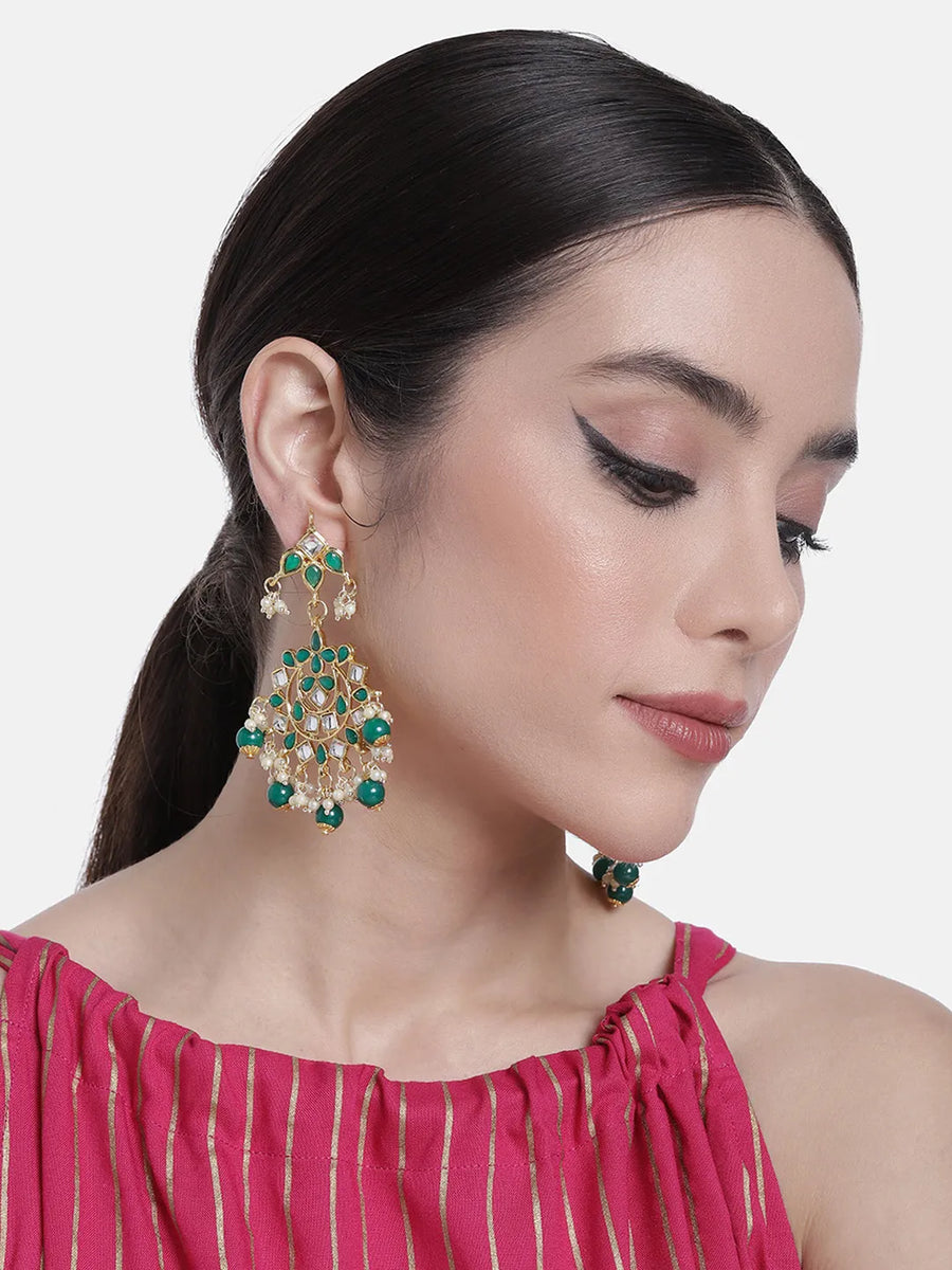 Elegant Teardrop Beaded Kundan Earrings. Green & white colour kundan with pearl & beads. Best for your festive & ethnic wear.