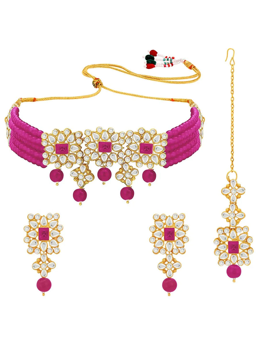 Luxurious Lush Pearl Choker Set - Rani Pink