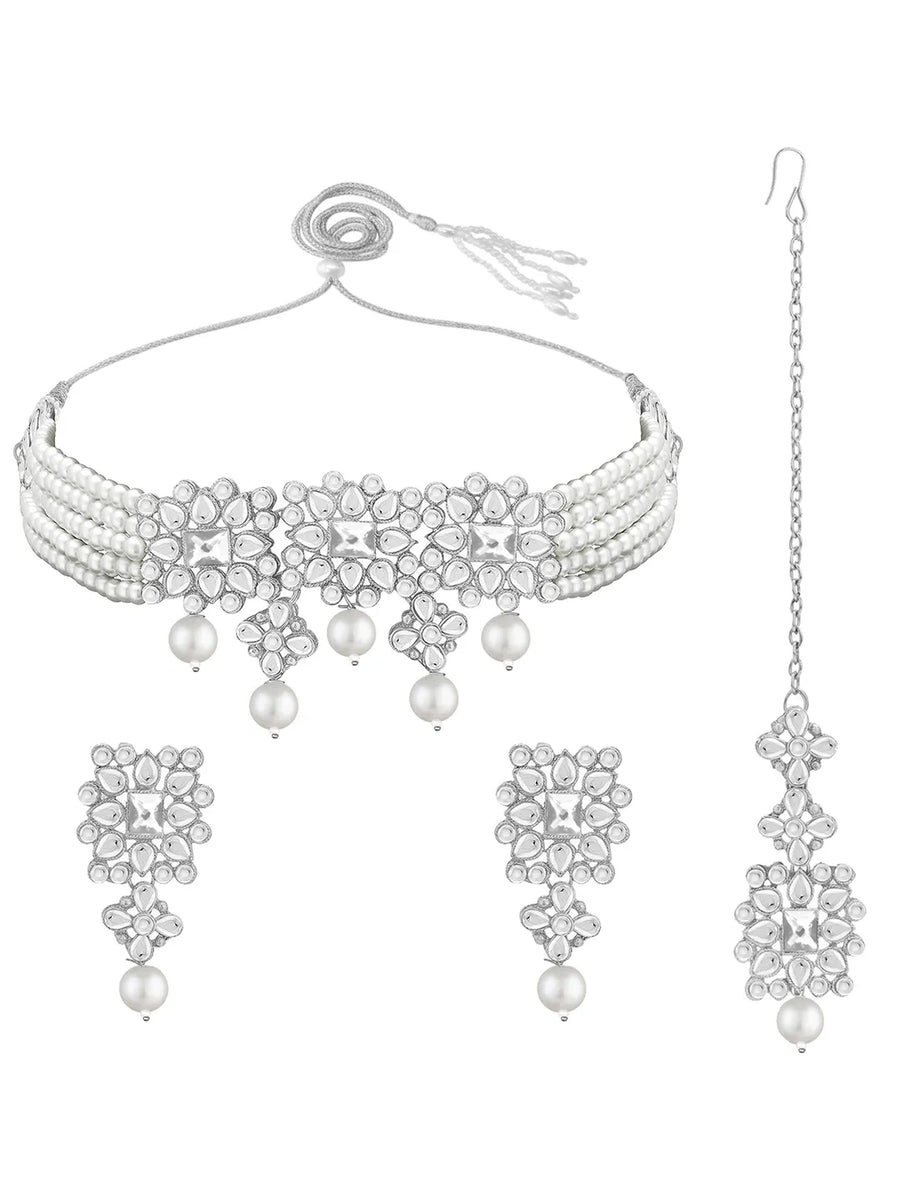 Luxurious Lush Pearl Choker Set - Rhodium White