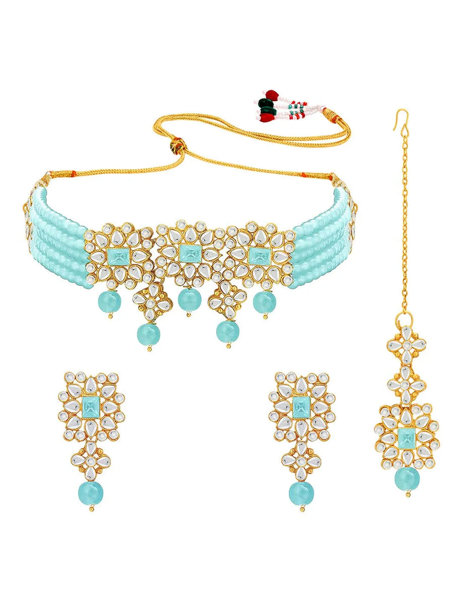 Luxurious Lush Pearl Choker Set - Sky Blue