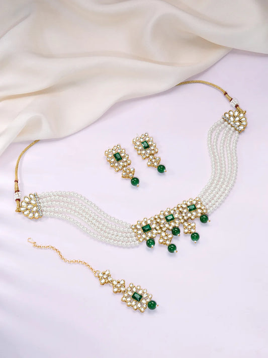 Luxurious Lush Pearl Choker Set - White Green