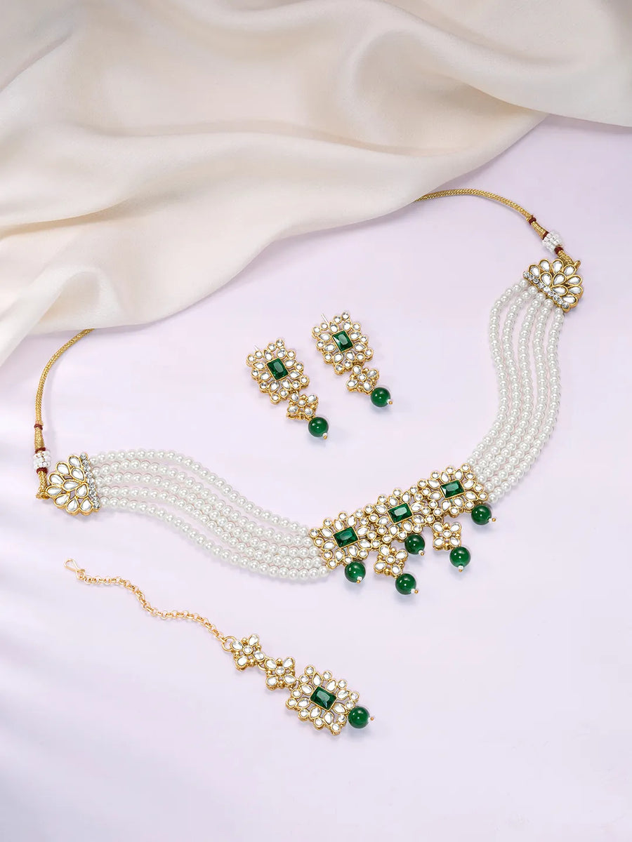 Luxurious Lush Pearl Choker Set - White Green