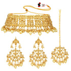 Royal Heritage Pearl Choker Set. Gold kundan & pearl jewellery set with maangtikka and earrings. Best selling & Prefect for your wedding, bridal & special occasion looks.