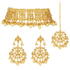 Royal Heritage Pearl Choker Set. Gold kundan & pearl jewellery set with maangtikka and earrings. Best selling & Prefect for your wedding, bridal & special occasion looks.