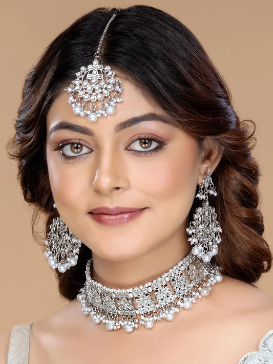 Majestic Grace Kundan Choker Set - Silver