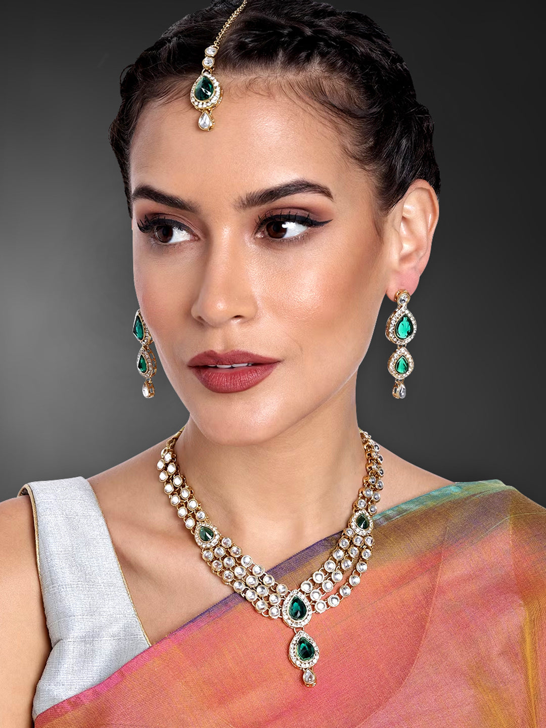 Graceful Greens Kundan Stone Necklace Set with Maangtikka