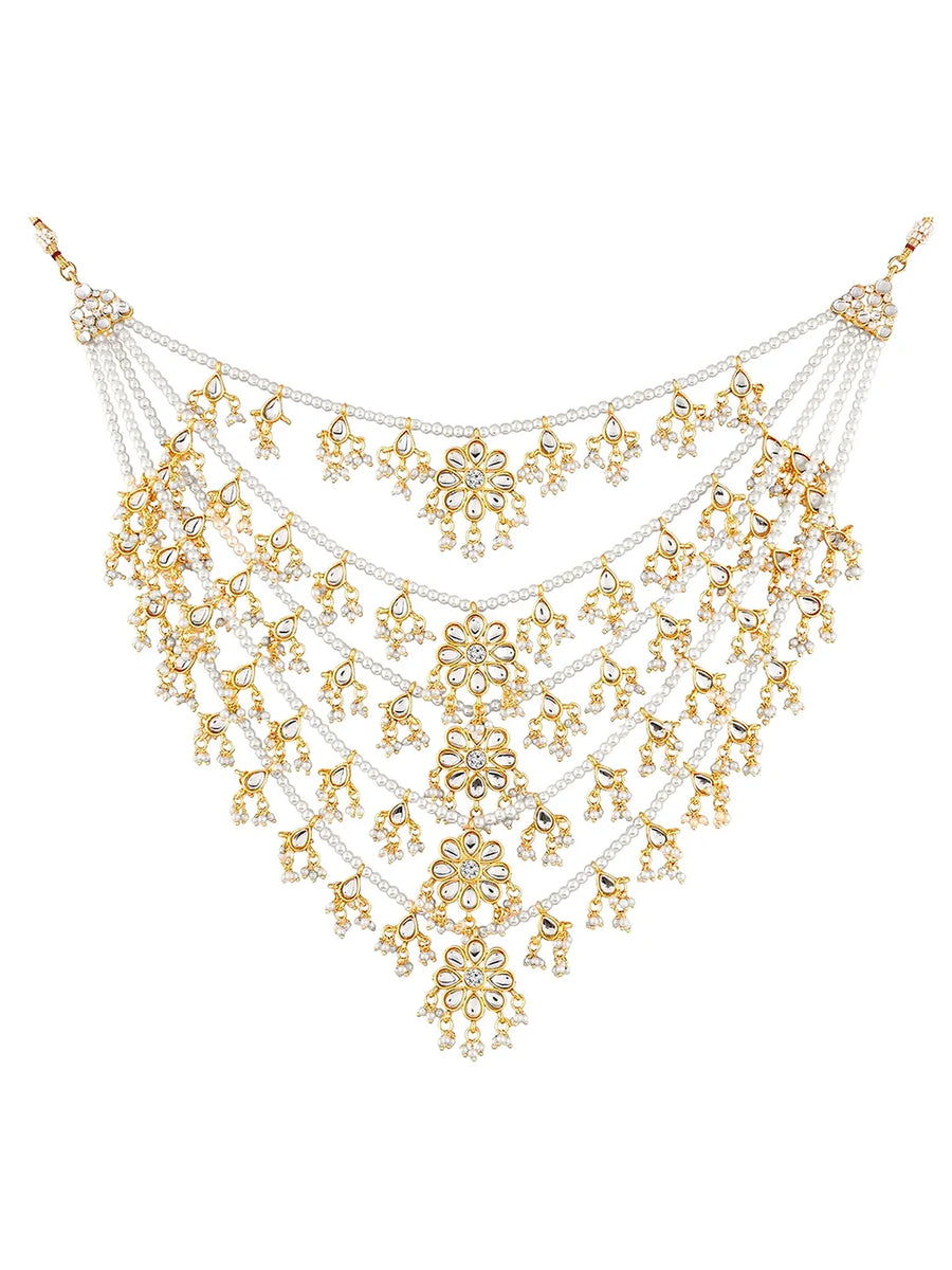 Kundan Cascade in Pearled Glory. Delicate necklace with floral designs. Best for a royal & regal looks. Make your occasion & wedding special with Peora.