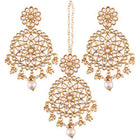 Regal Kundan Lariya Maangtikka Set. Pair of earrings & Maangtikka with kundan & beads. Best for festive & ethnic occasions.