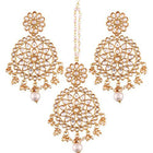 Regal Kundan Lariya Maangtikka Set. Pair of earrings & Maangtikka with kundan & beads. Best for festive & ethnic occasions.
