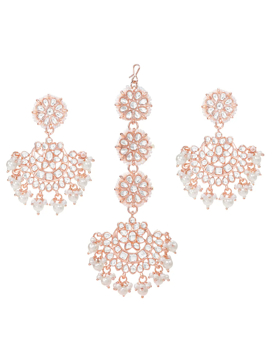 Rose Gold Plated Kundan Maang Tikka Set