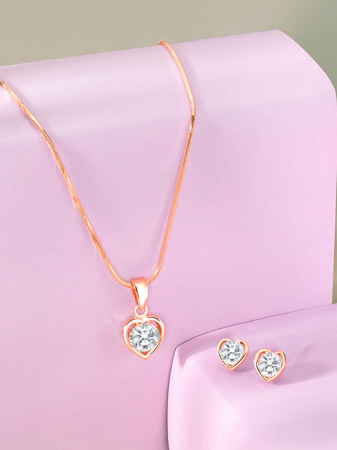 Modern Heart Rose Gold CZ Pendant Set