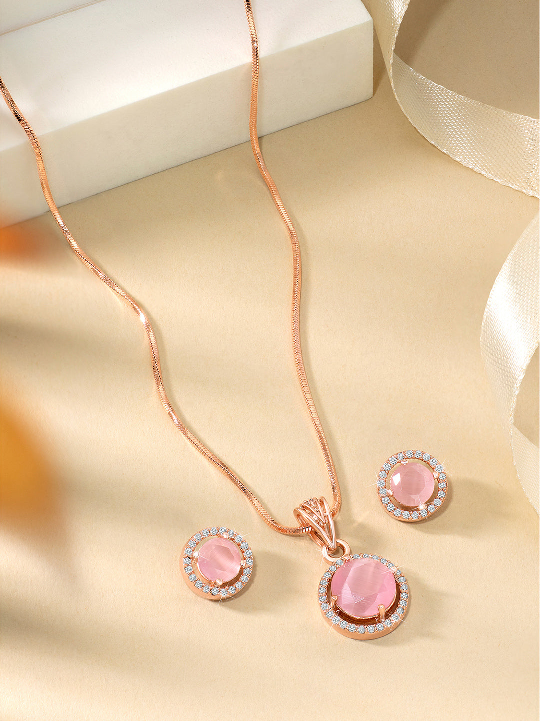 Radiant Rounds Pink CZ Solitaire Rose Gold Pendant Set