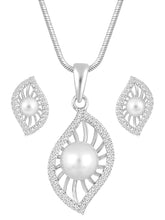 Leafy Luster Silver Plated Pearls and CZ Pendant Set