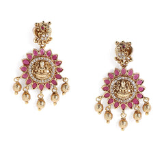 Lakshmi Motif CZ Ruby Dangle Earrings